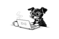 Dog mascot working on a laptop